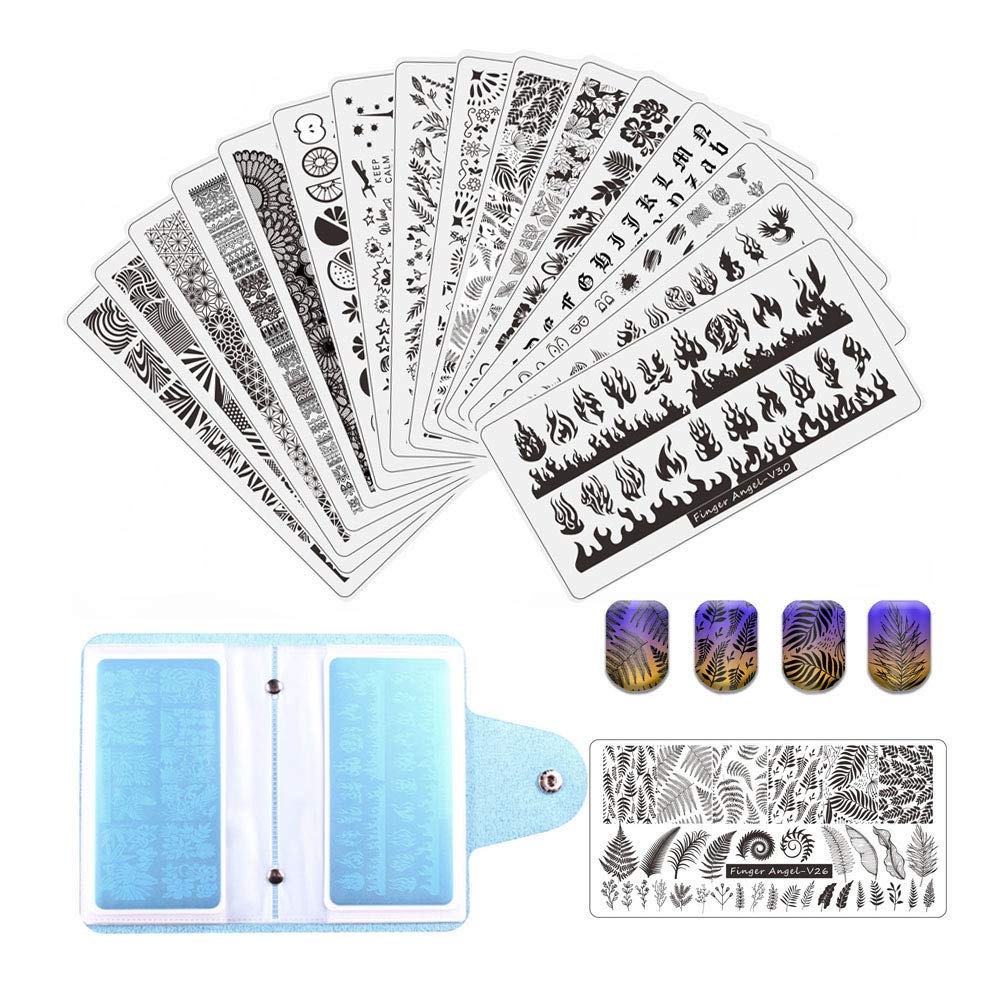 21Pcs Nail Stamp Plate Set 16Pcs Mix Design Stamping nail Art Plate + 2Nail Stamper + 2Scraper+1Pcs Case Nails Art Stamping Plate Scraper Stamper Set Leaves Flowers Nail plate V17-32