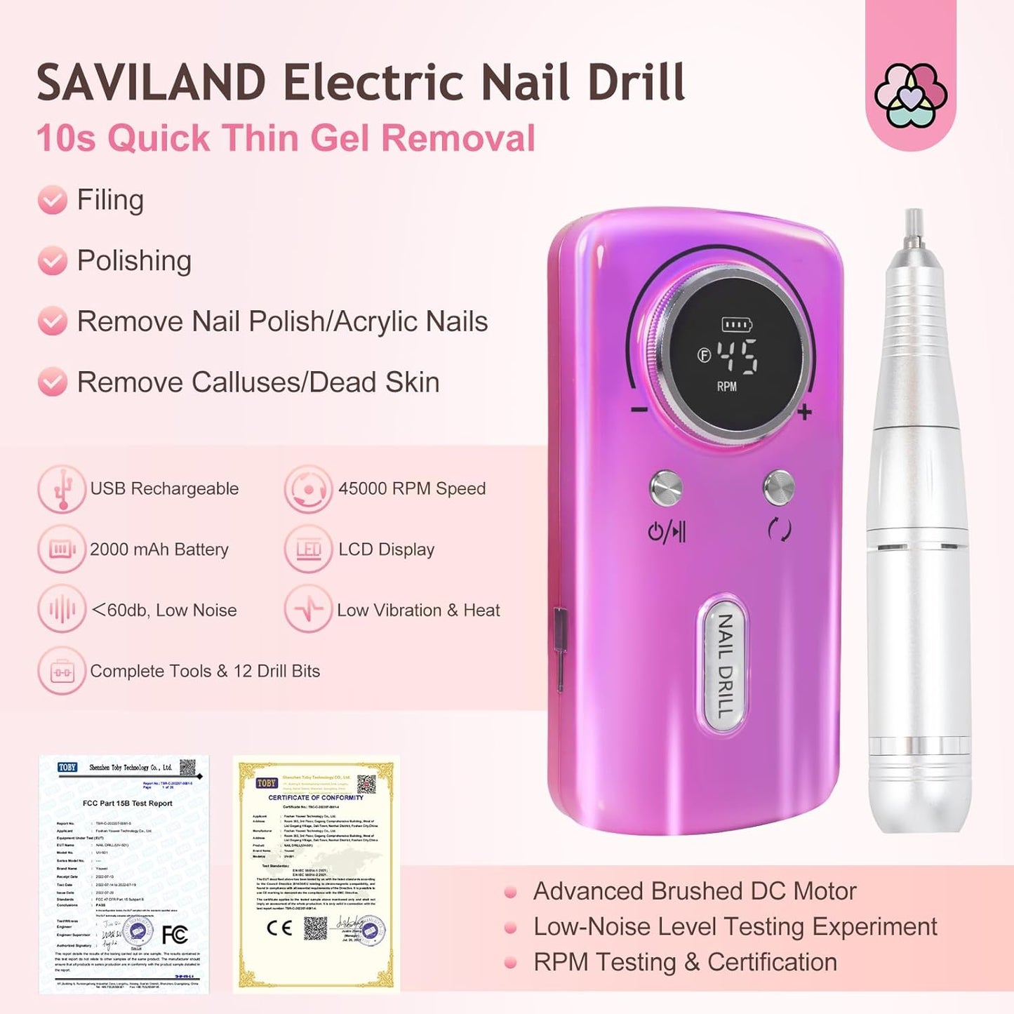 SAVILAND Professional Nail Drill Kit: 45000RPM Portable Nail File Machine for Remove Acrylic Gel Nail Rechargeable 2000 mAh Electric Nail File for Nail Salon Manicure Pedicure at Home