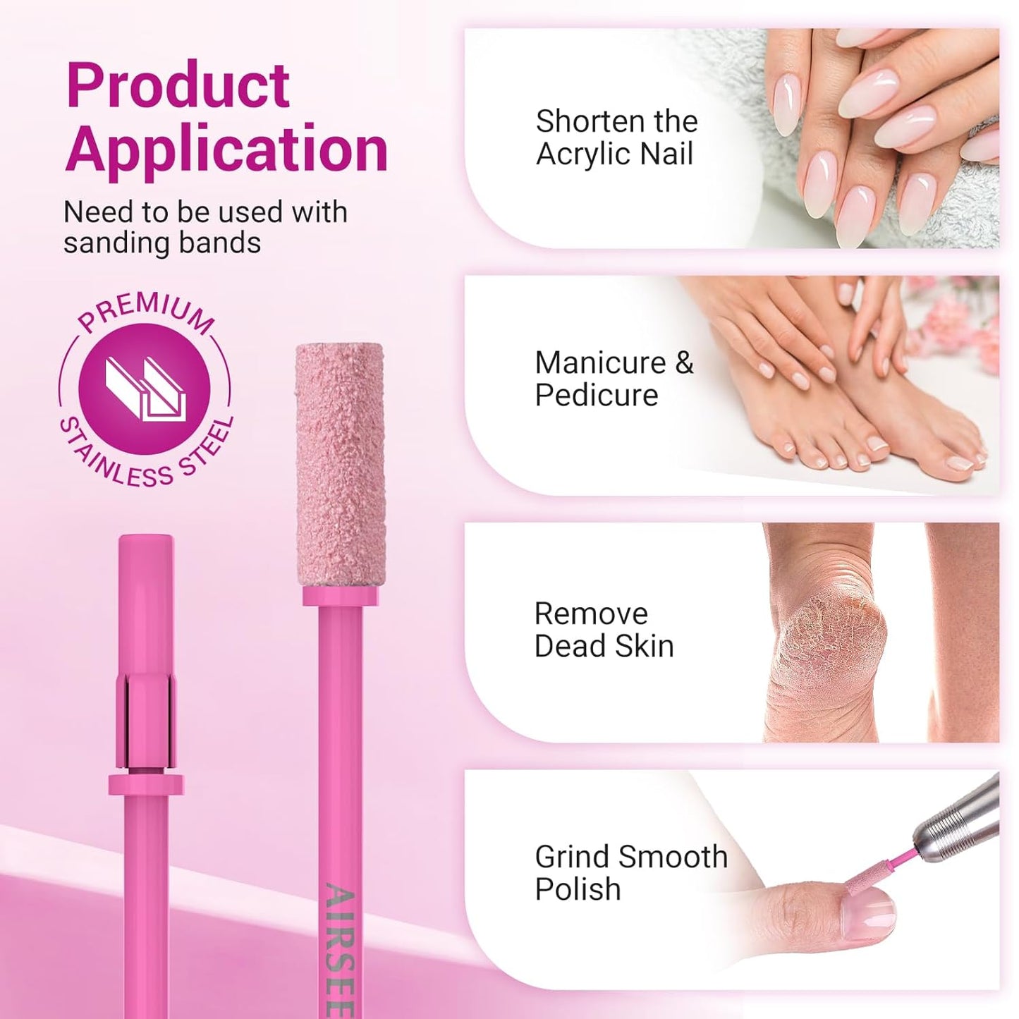 AIRSEE 3.1mm Small Nail Drill Mandrel Bits for Mini Efile Sanding Bands, Stainless Steel Professional Electric Head Clean Remove Cuticle Removing, Acrylic Manicure Sander Safety (Pistil Pink)