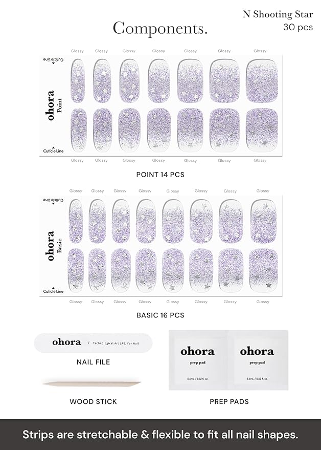 ohora Semi Cured Gel Nail Strips (N Shooting Star) - Purple, Glitter, Works with Any UV/LED Lamps, Salon-Quality, Long Lasting, Easy to Apply & Remove - Includes 2 Prep Pads, Nail File & Wooden Stick