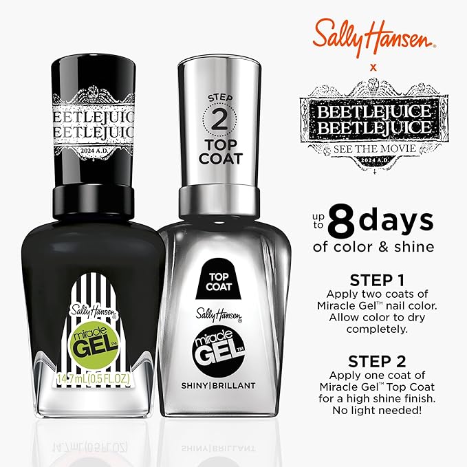 Sally Hansen Miracle Gel Beetlejuice Salon Quality Nail Polish | Gel-Like Formula, Two-Step System, No UV Light Needed, Long Lasting | Opaque, Glossy | 934 The Afterlife | Black Nail Polish