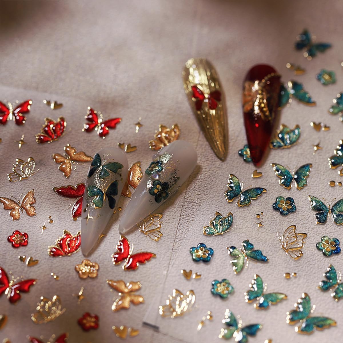 Butterfly Nail Art Stickers Decals 5D Embossed Butterfly Nail Decals Green Butterfly Gold Heart Star Nail Stickers Self Adhesive Nail Decals Cute Butterfly Nail Stickers for Women Manicure Nails Art