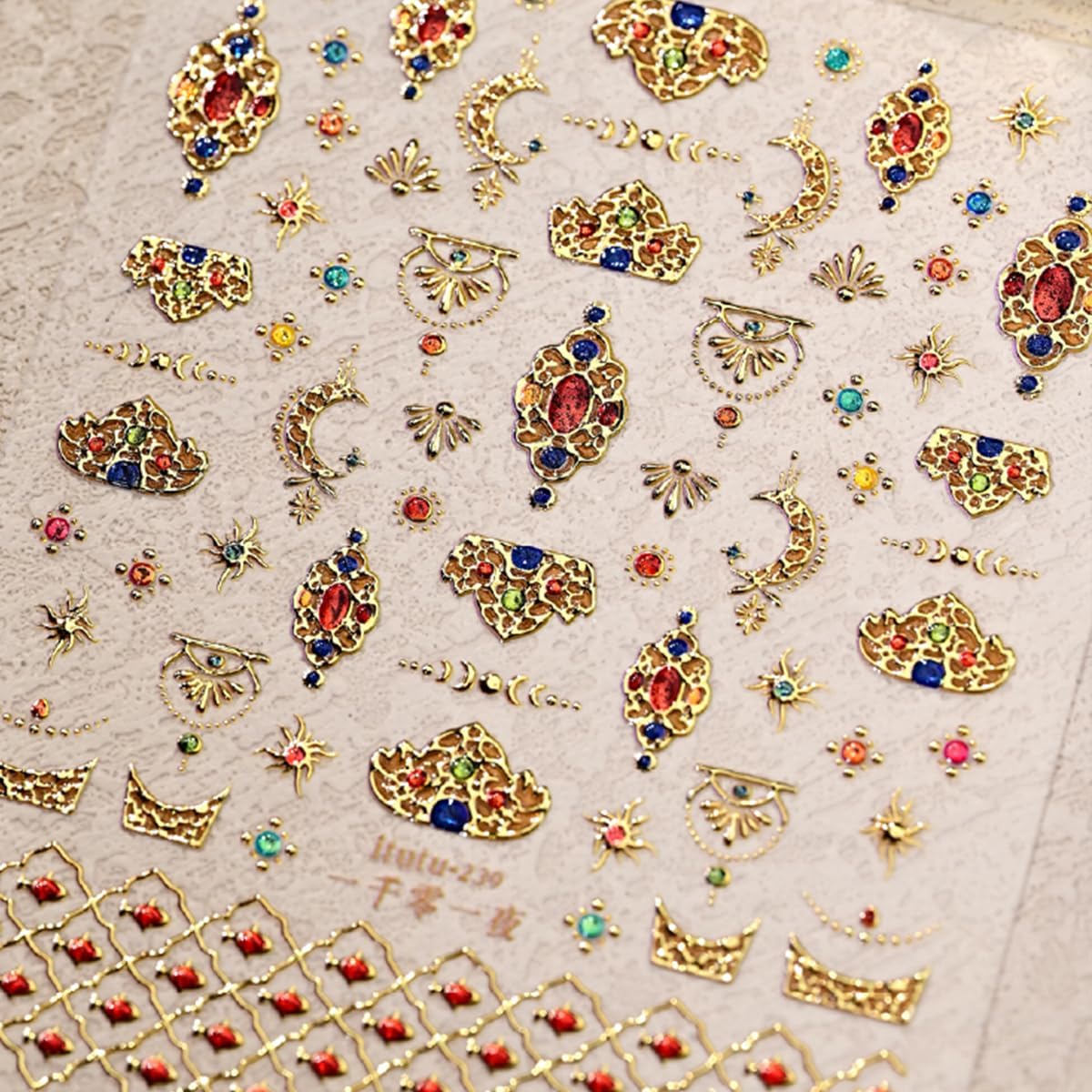Gold Nail Stickers for Nail Art Self-Adhesive Bohemia Totem Vintage Luxury Nails Design 5D Nail Art Stickers Gold Colorful Diamond Nail Decals for Women Nail Supplies Accessories 1Sheets