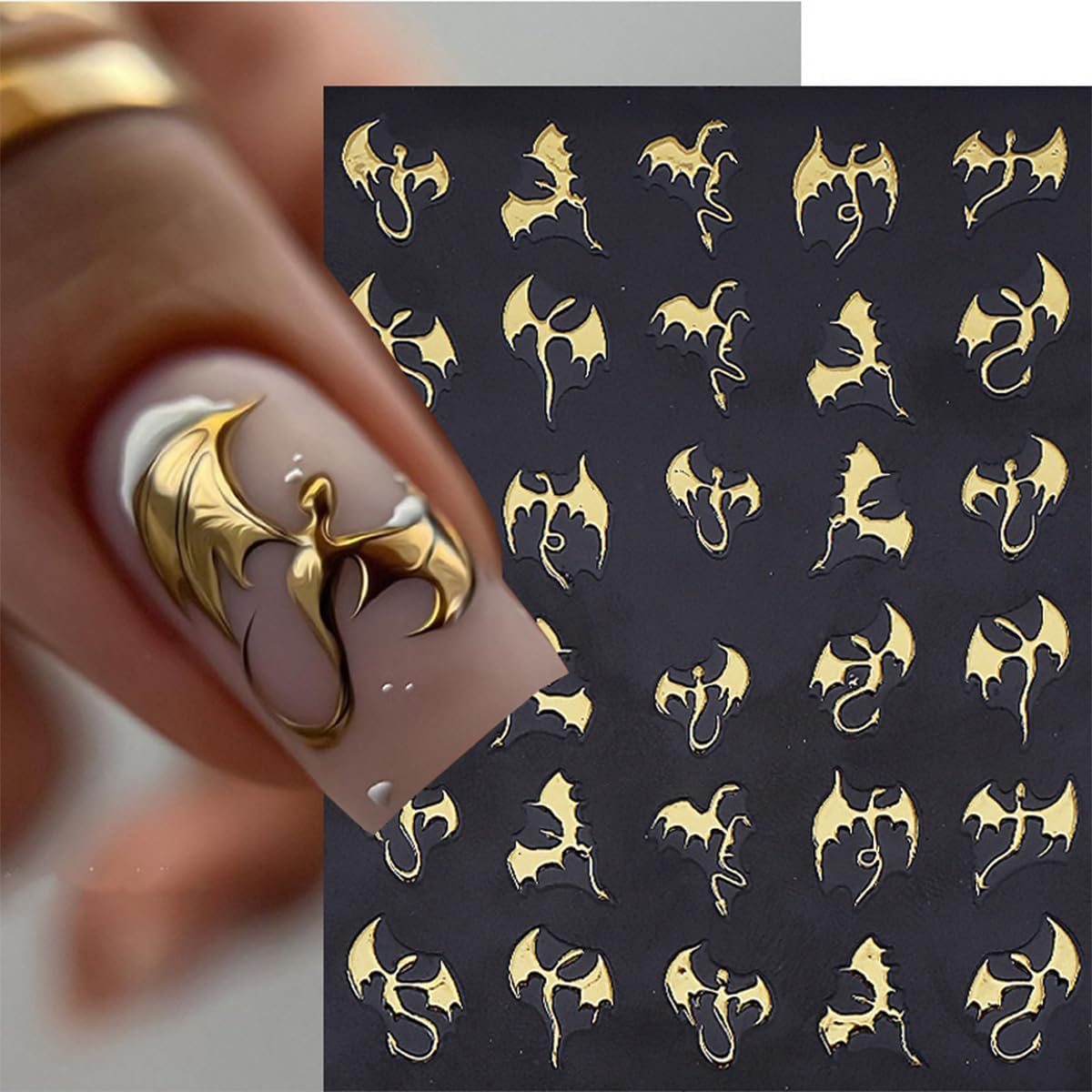 6 Sheets Halloween Bat Nail Stickers for Nail Art Glitter Laser Gold Silver Nail Decals 3D Self-Adhesive Gothic Dragon Nail Design Stickers Holiday Nail Art Supplies for Women DIY Women