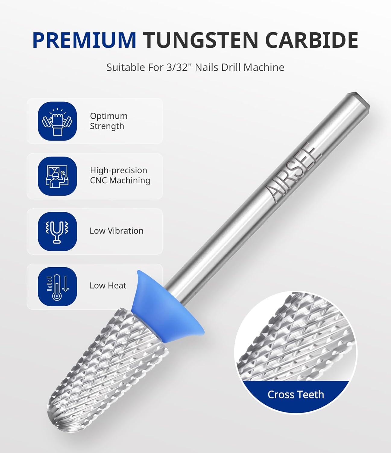 AIRSEE Tungsten Carbide Acrylic Nail Drill Bit Efile Electric File Machine Head Tip for Manicure Polishing Art Remove Gel 3/32" 2 Way Safety Use Big Ball Top Tapered Bit Plus Cone Shape Medium-M