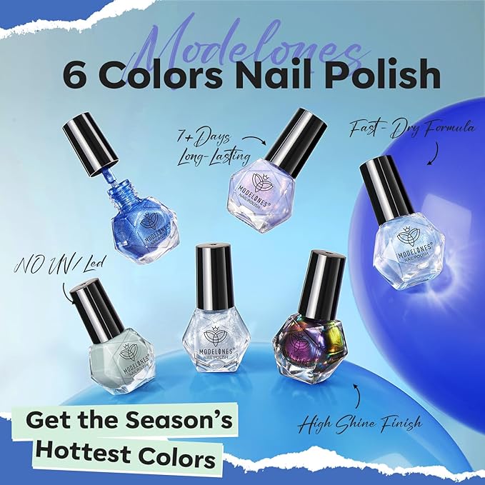 modelones Blue Nail Polish, 6 Colors Cat Eye Glitter Gray Shimmer Holographic Clear Quick Dry Mini Starter Set, Long Lasting Art DIY Manicure Kit at Home for Women