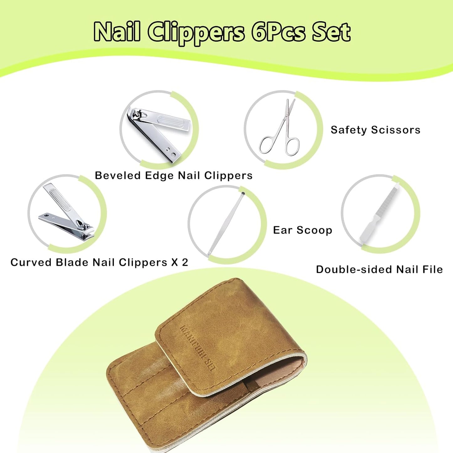 Nail Clippers Set, 6 Pcs Toenail Clippers Stainless Steel Fingernail Clippers Manicure Set with Leather Case, Idea Gift for Men Women Mom Dad Christmas Birthday, Khaki