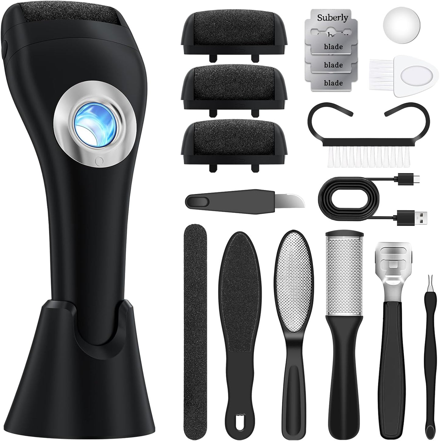Foot Scrubber Callus Remover for Feet - with Holder & RingLight, Portable Pedicure Kit Foot File Callus Remover, Waterproof Professional Pedicure Tool Foot Care for Deadskin Hard Cracked Dry Skin