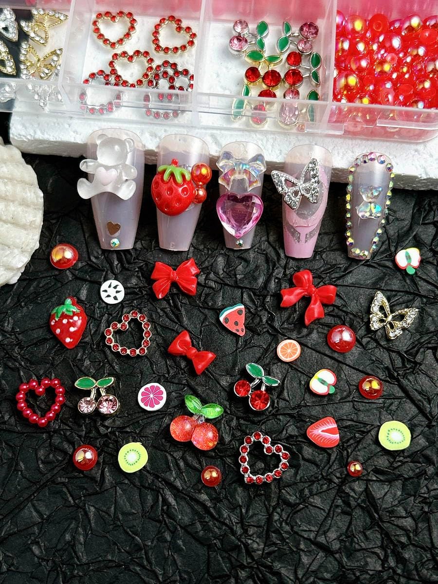 3D Red Bow Nail Charms, Flatback Pearl Charms Resin Strawberry Nails Bows Fruit Charms for Nails, Alloy Cherry Butterfly Nail Art Jewels for Women DIY Accessories