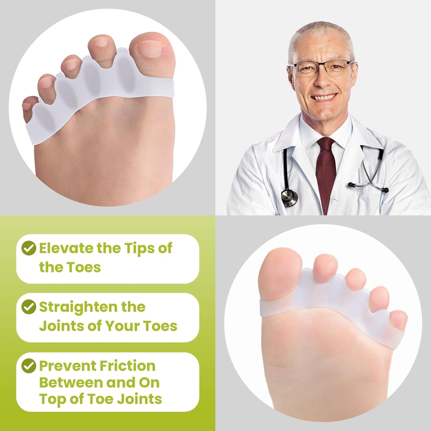 Bukihome Toe Separators, 4 Pair Soft Gel Toe Spacers to Correct Bunions, Toe Stretcher for Therapeutic Relief from Plantar Fasciitis, Foot Pain for Women & Men,White+S