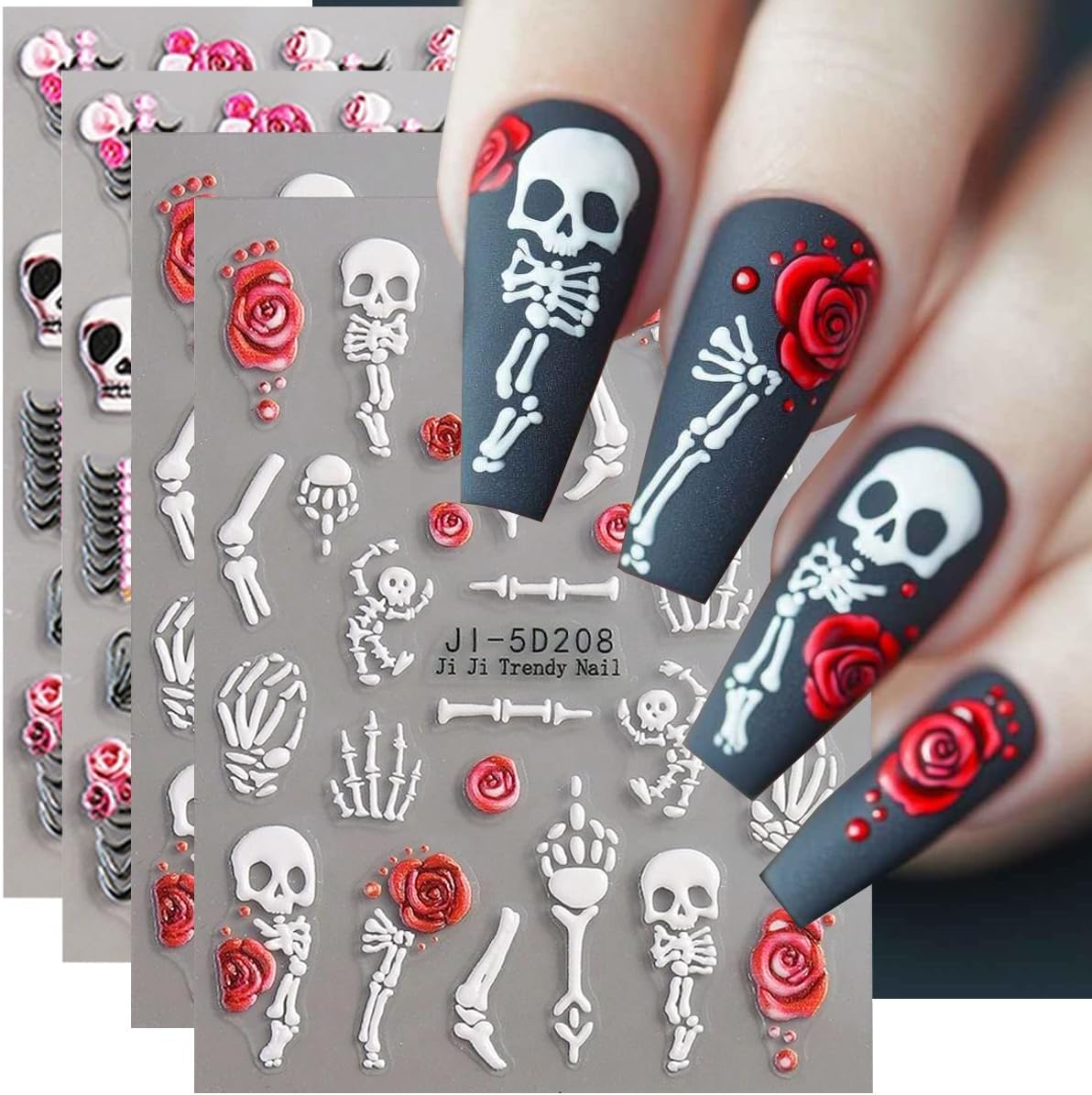 Halloween Nail Art Stickers 4PCS 5D Embossed Skeleton Rose Skull Nail Decals Self-Adhesive Nail Art Supplies Fantasy Bone Design Halloween Manicure Stickers for Women DIY Nail Art Decorations