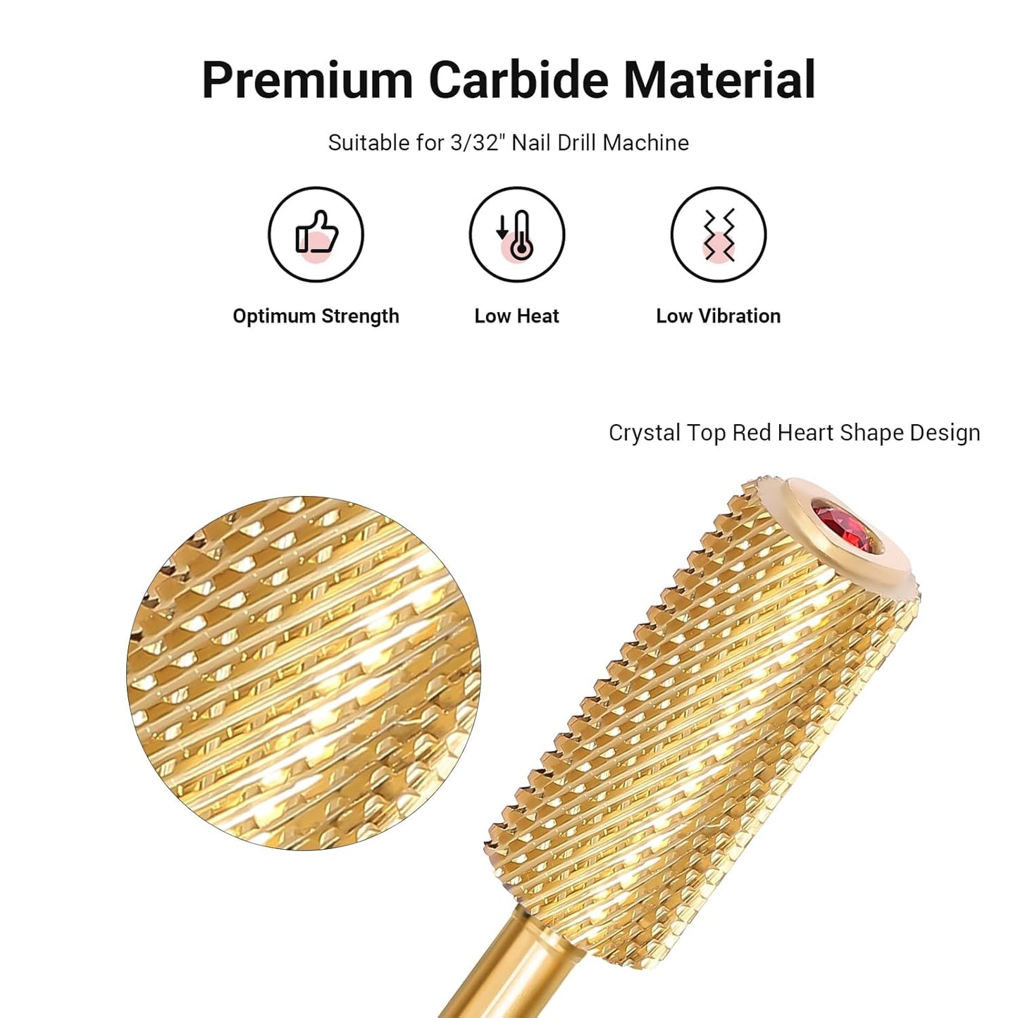 MelodySusie Crystal Top Red Heart Shape Nail Drill Bits, 3/32'' Large Barrel Carbide Bits, Suitable for Manicure Pedicure Cuticle Gel Polishing, Beginners Bits, Gold, Series Bit-S, Medium