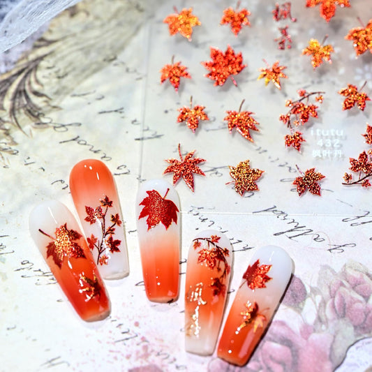1 Sheets Fall Nail Stickers for Nail Art 5D Embossed Thanksgiving Nail Art Stickers Red Shiny Maple Leaf Nail Decals Self-Adhesive Autumn Holiday Nail Designs for Women Manicure Decoration Supplies