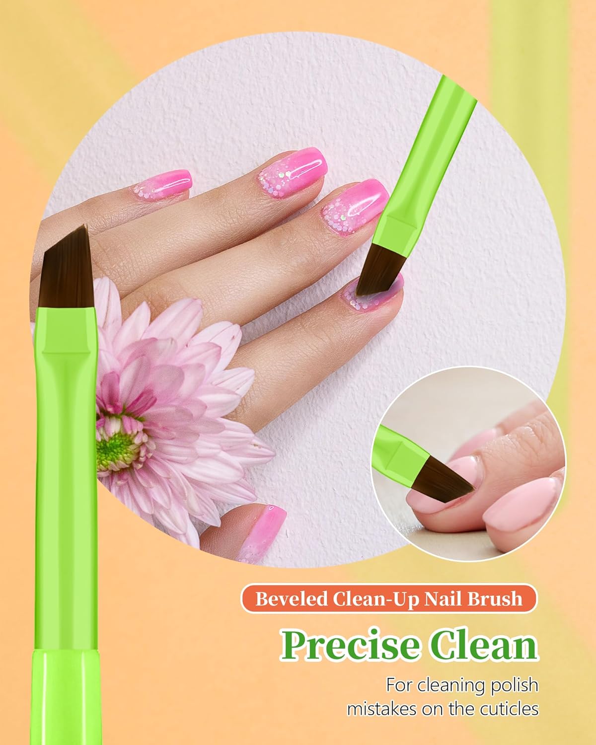 3PCS Nail Polish Clean Up Brush, Round&Falt&Angled Acetone Resistant Nail Brush for OPI Nail Polish Remover, Fingernail Cleaning Brushes at Home Nail Art and Designs(Bright Green)