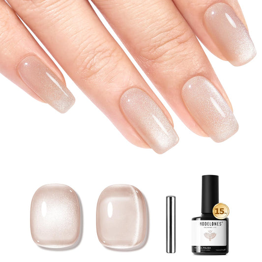 modelones Cat Eye Gel Nail Polish, 15 ML Silver Nude Glitter Holographic Glass Cat Eye Summer Jelly Shimmer Reflective Translucent U v Gel Magnetic Nail Polish Top Coat for Women Girl