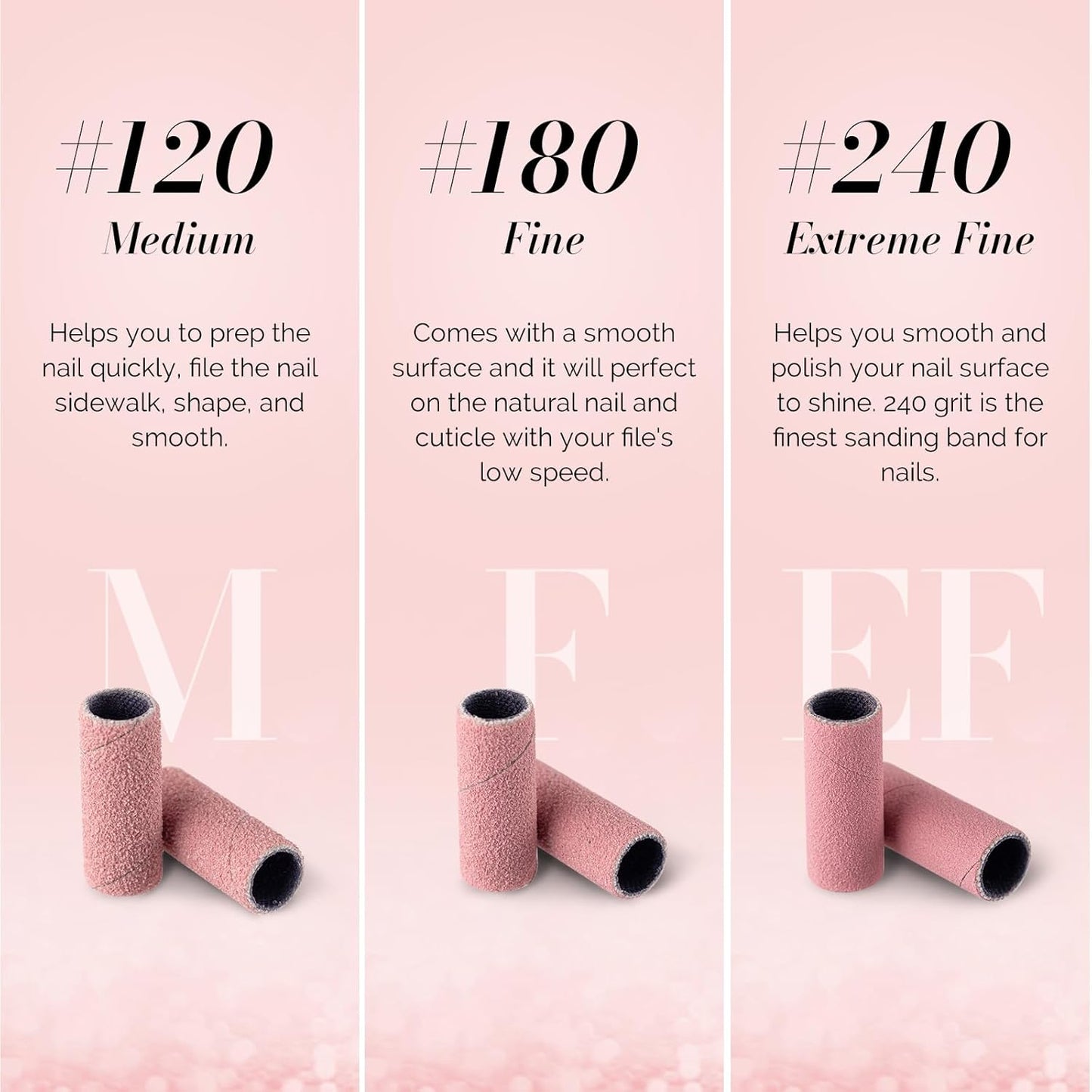 MelodySusie 50 Pcs Nail Drill Bits Super Long Sanding Bands with 6.65mm Crystal Mandrel Bit, 240 Extreme Fine Grit Nail File for Acrylic Nails Gel Manicures and Pedicure, Pink