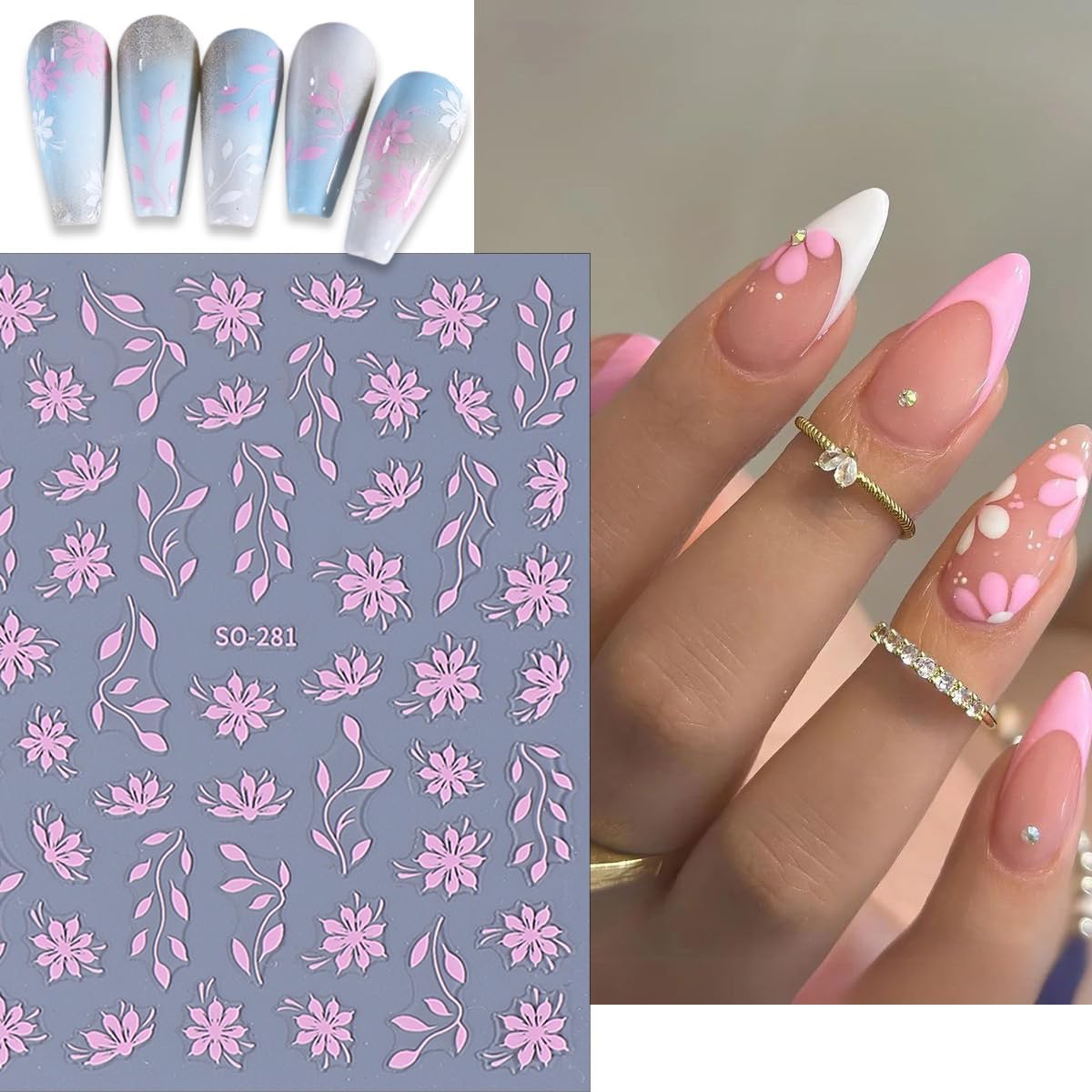 6 Sheets Floral Nail Art Stickers, Spring Leaf Nail Decals, 3D Self-Adhesive Nail Decoration Supplies for Daily Festival DIY Pink White Silver Black Gold Manicure Stickers