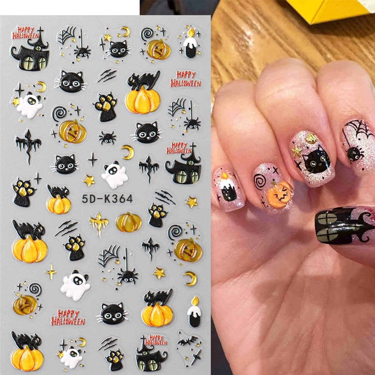 3 Sheets Halloween Nail Stickers 5D Embossed Cute Ghost Nail Art Stickers Self Adhesive Black Cat Spider Web Bat Pumpkin Nails Design Decals Halloween Nails Sticker for Women DIY Manicure Decoration