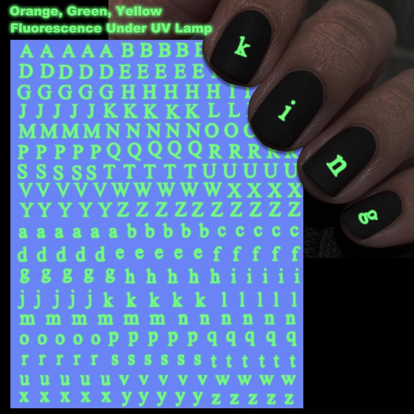 Letter Nail Art Stickers - 3D English Alphabet Nail Decals for DIY Part of Fluorescence Acrylic Manicure Holographic Nail Decorations(6 Sheets)