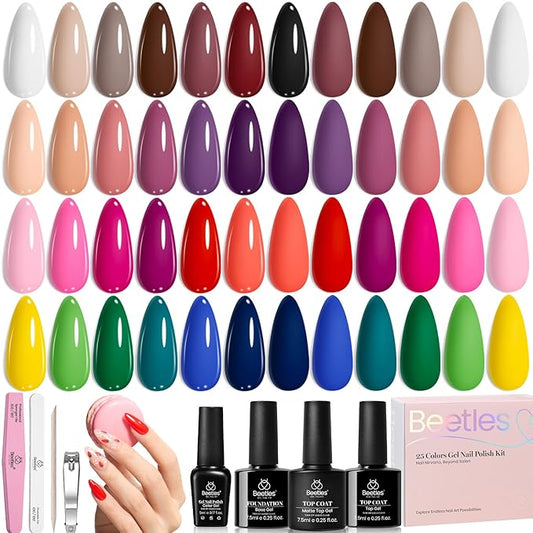 Beetles Winter Gel Polish Kit - Chic Outfits Collection 25 Colors Polish Set, Brown Purple Nude Red Black Color Gel Nails with 3Pcs Base Top Coat Soak off Uv Gel Manicure Kit Gift for Women