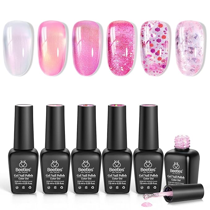 Beetles Pink Gel Nail Polish Set - 6 Colors Shimmer Nail Polish Nail Kit Hot Pink Pearl White Glitter Color Gel Pink Reverie Collection Soak Off Uv LED Nail Lamp Gift for Women & Girls