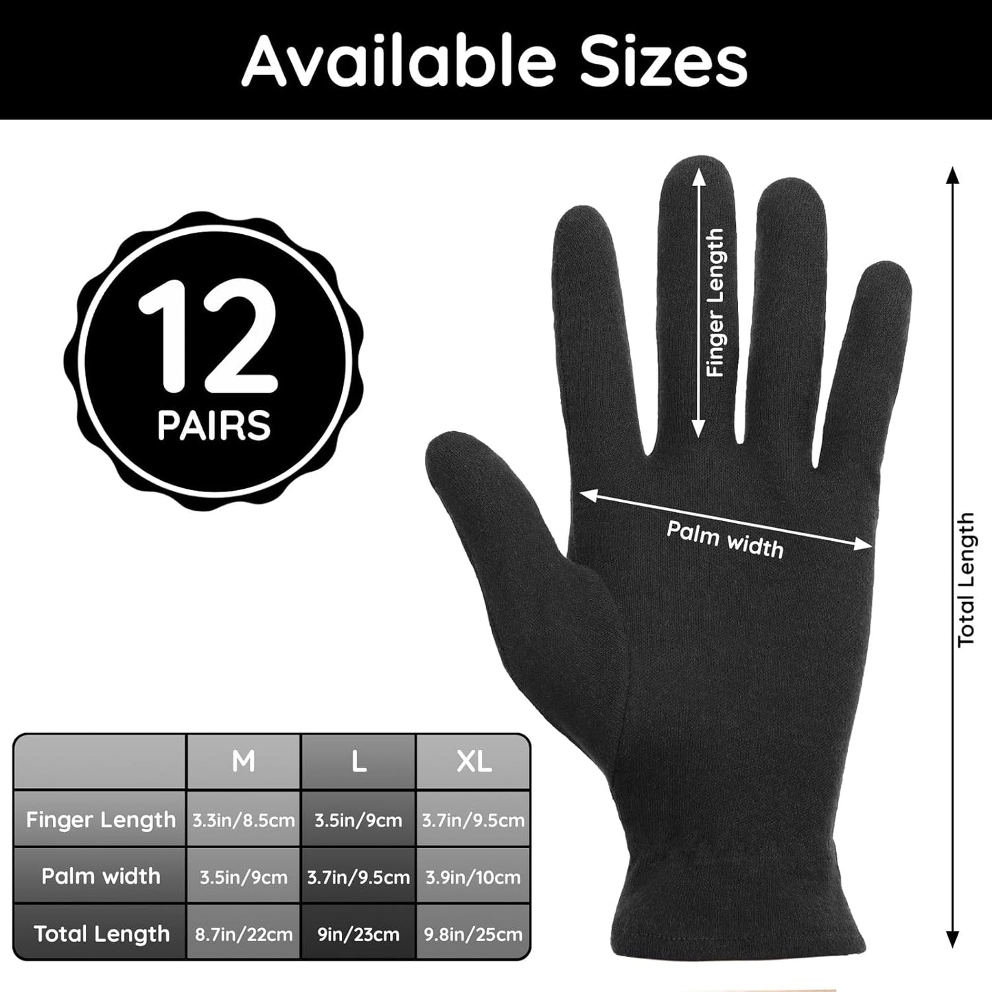 Segbeauty 24 Counts Elastic Black Cotton Gloves for Dry Hands, 12 Pairs Overnight Moisture Lotion Cotton Gloves with Elastic Band for Sleeping Driving Typing, Home Spa Sleep Glove Reusable Soft Glove