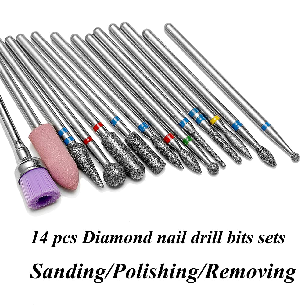 14pcs Nail Drill Bits Set, Professional Rotary Burrs Diamond Cuticle Remover Bits Kit, 3/32" Electric Manicure Nail File Bit for Acrylic Gel Nails Cuticle Manicure