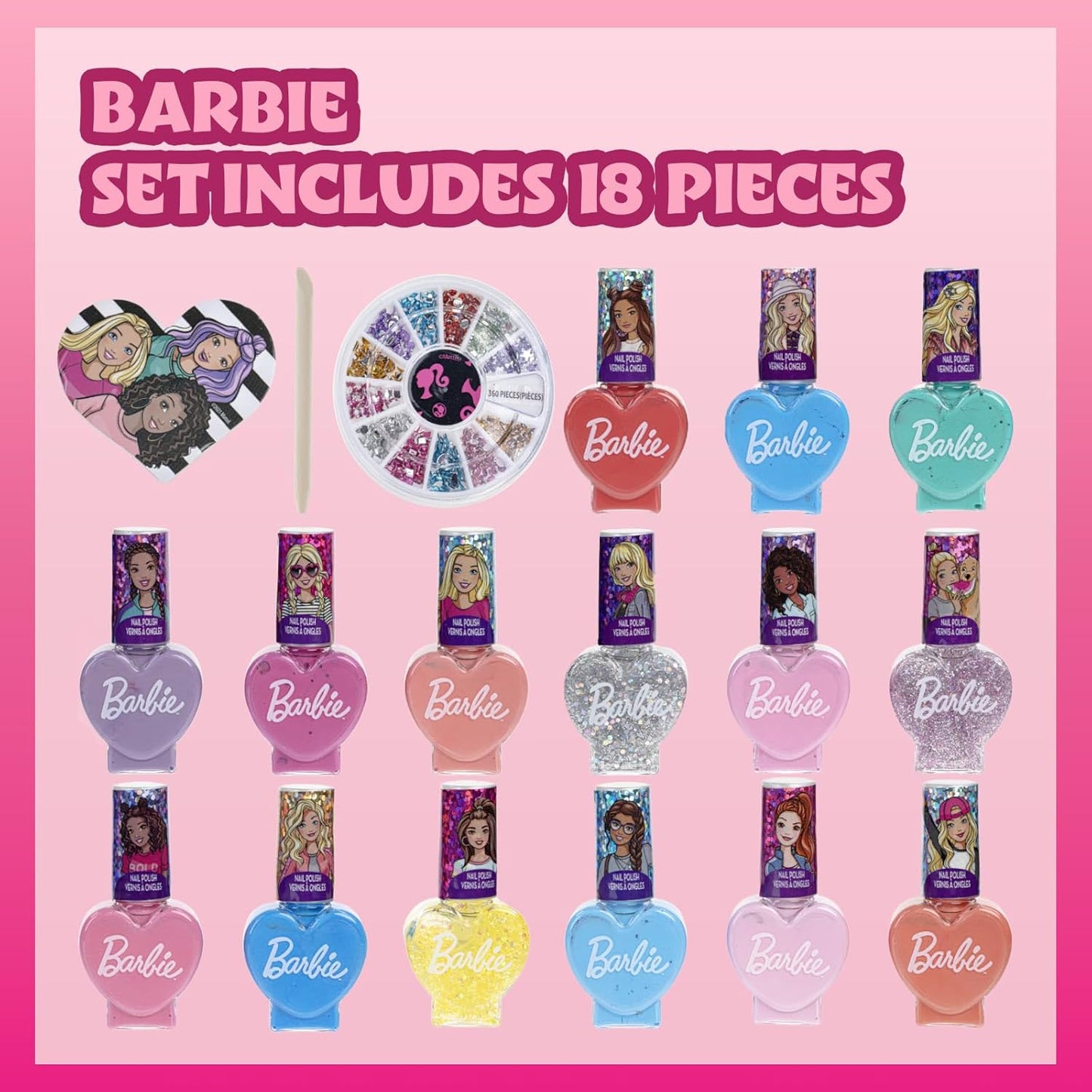 Townley Girl Barbie Movie 18 Piece Set Kids Water-Based Nail Polish Set, Includes Nail Polish, Nail Gems, Nail File for Age 3+, Parties Birthday