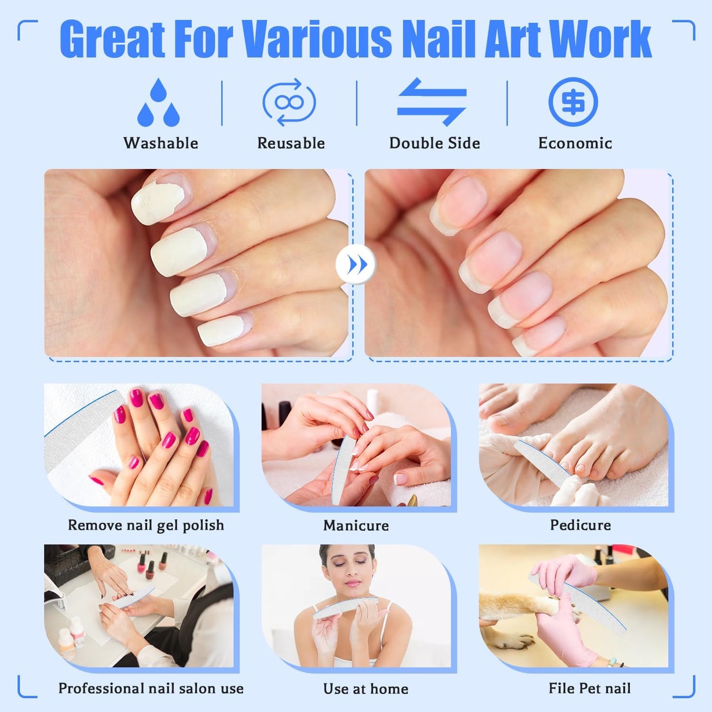 12 PCS Nail Files for Acrylic Nails, 100/100 Grit Nail File for Poly Nail Extension Gel Emery Boards Nail Files Doubled Sides Coarse Washable Nail File Manicure Tools for Home and Salon Use