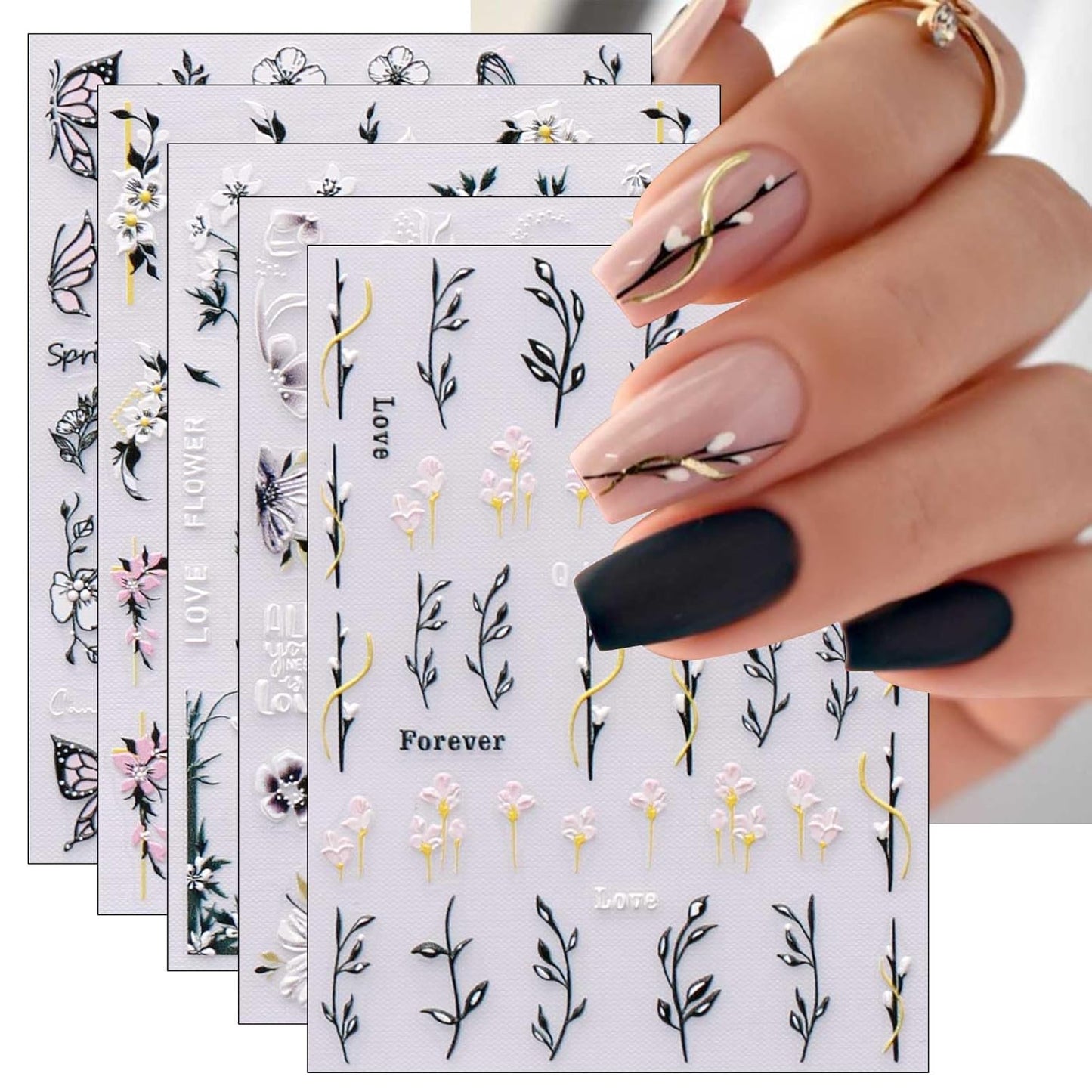 JMEOWIO 6 Sheets 3D Embossed Spring Flower Nail Art Stickers Decals Self-Adhesive Pegatinas Uñas 5D Colorful Summer Leaf Floral Nail Supplies Nail Art Design Decoration Accessories