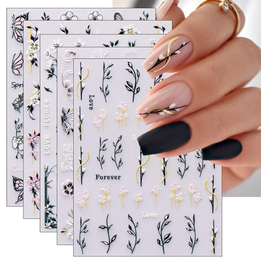 JMEOWIO 6 Sheets 3D Embossed Spring Flower Nail Art Stickers Decals Self-Adhesive Pegatinas Uñas 5D Colorful Summer Leaf Floral Nail Supplies Nail Art Design Decoration Accessories