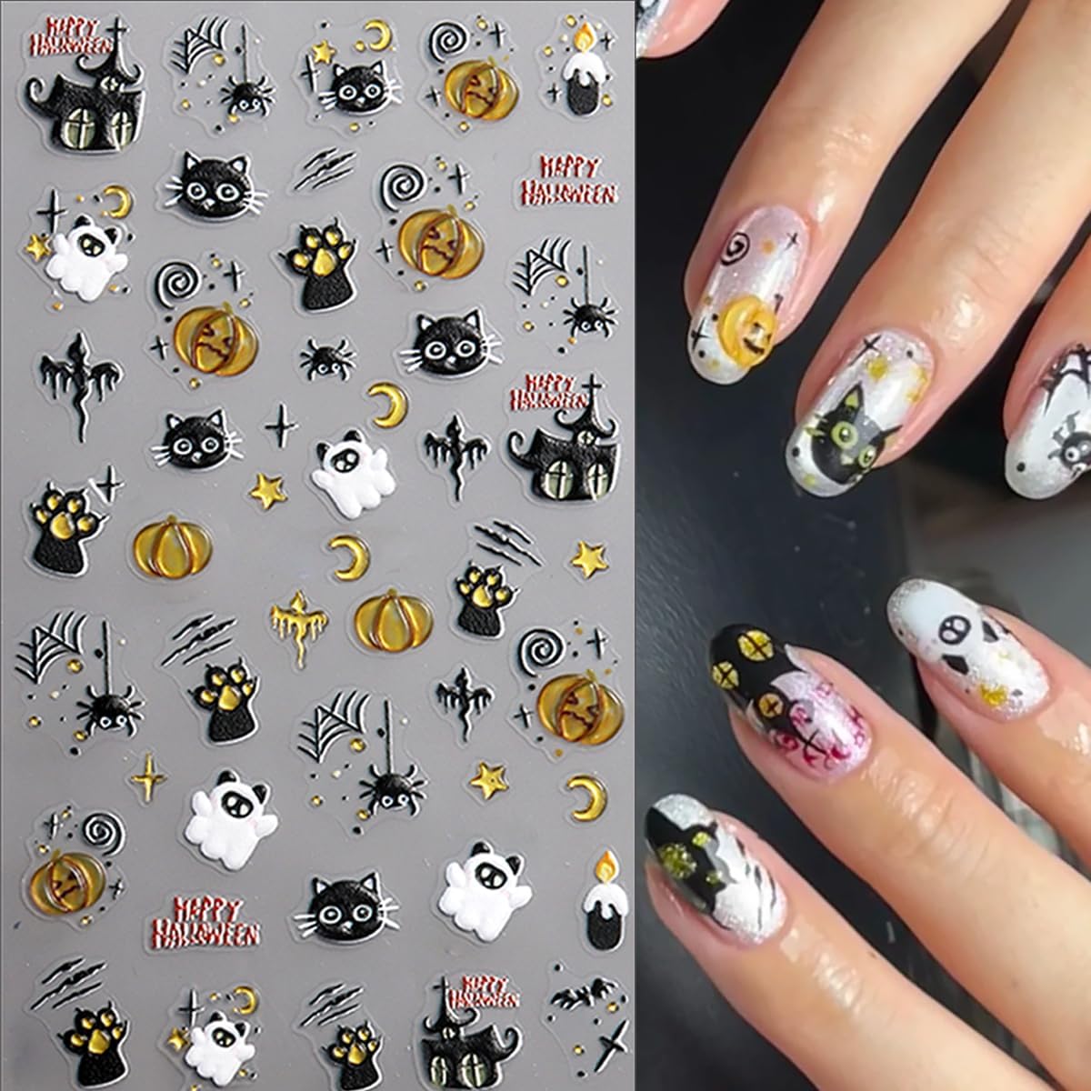 3 Sheets Halloween Nail Stickers for Nail Art, 5D Embossed Halloween Nail Art Stickers Cute Cat Ghost Nails Decals Self-Adhesive Gold Pumpkin Spider Web Nails Supplies for Women DIY Manicure Decor