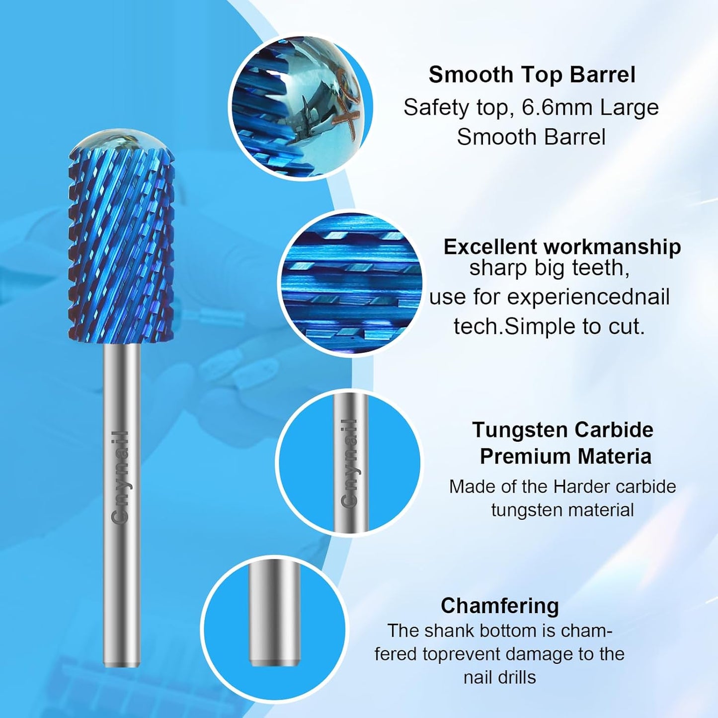 3/32" Large Barrel Smooth Round Top Tungsten Carbide Nail Drill Bit Safety Bit for Gel & Acrylic Removal, 2-Way Rotating Efile Tip, Salon Electric File Accessory (XC Grit, Blue)