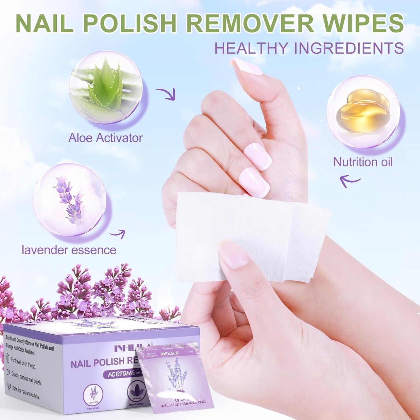 NXJ INFILILA Nail Polish Remover Pads - Individually Wrapped - Quick Nail Polish Remover Wipes - Fingernail Travel Kit to Clear Nail Polish for Home & Professional Removal(Lavender Fragrance)