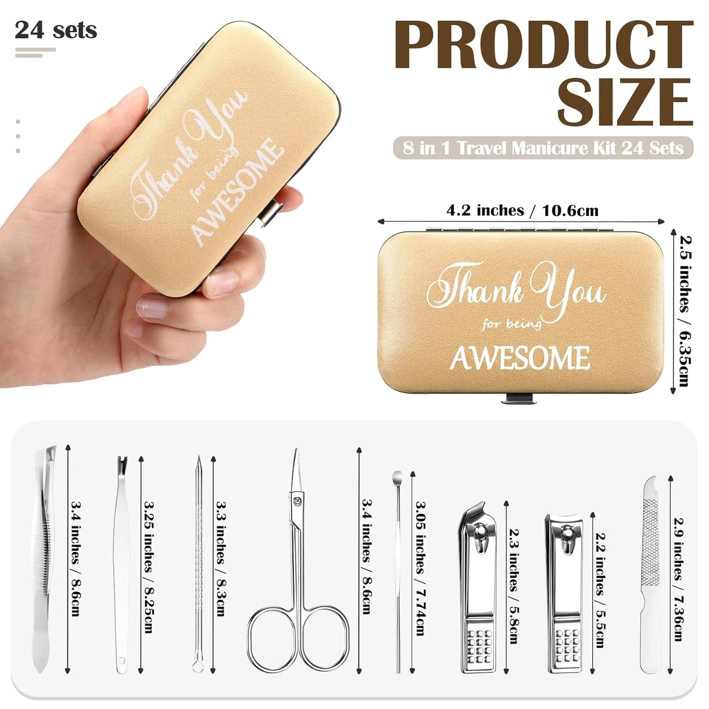 Therwen 24 Sets Manicure Set Nail Clippers 8 in 1 Stainless Steel Grooming Nail Kit Thank You Appreciation Gift Professional Pedicure Tool for Men Women Personal Care(Gold)
