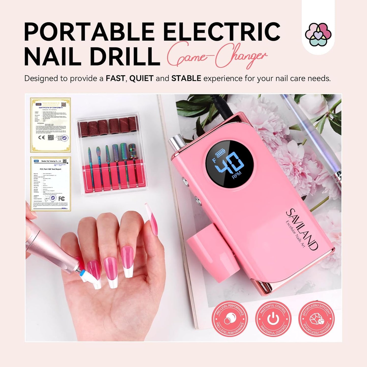 SAVILAND Electric Nail Drill Professional: 40000RPM Pink Rechargeable Electric Nail Filer with 6000mAh Battery, for Shaping, Removing & Polishing Acrylic Nails Home Salon Manicure Pedicure Ideal Gift