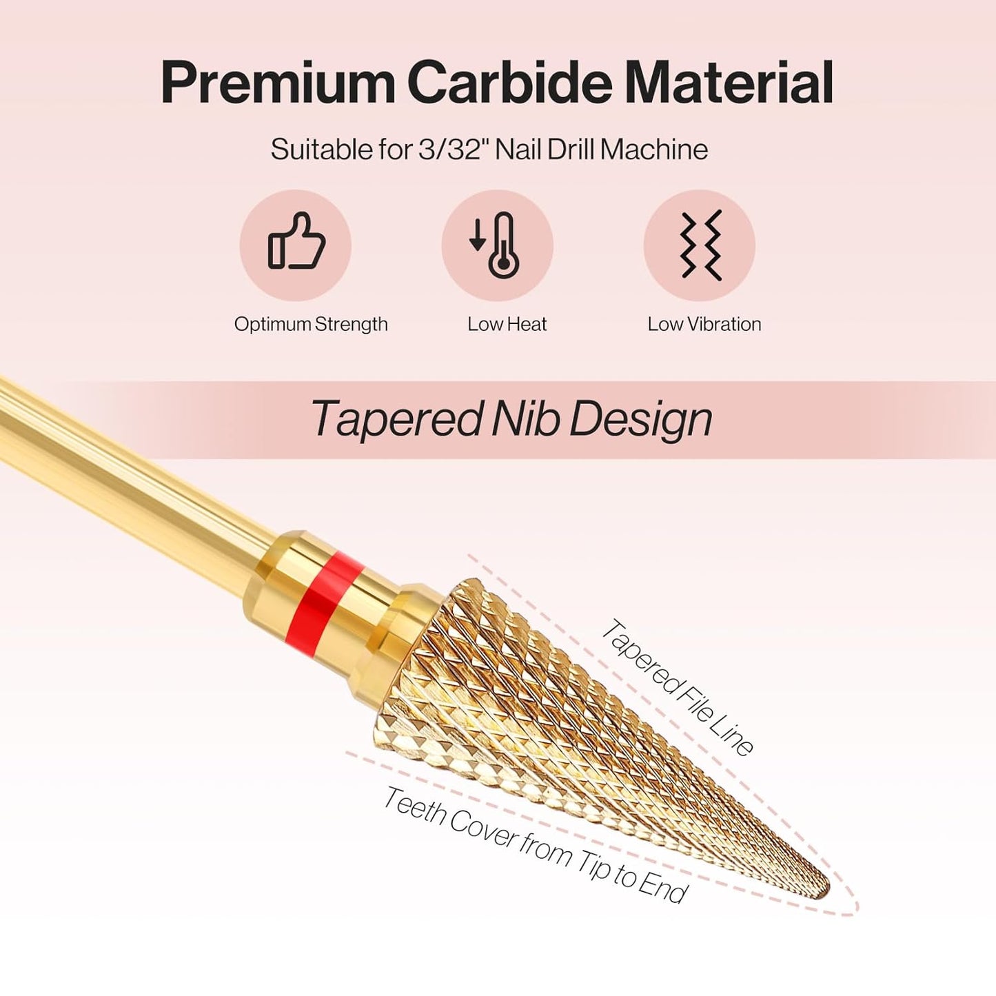 MelodySusie Professional Tapered Nib Nail Drill Bit, 3/32'' Carbide Tungsten Multi-function Bit, Suitable for Manicure Pedicure Cuticle Gel Polishing, Technicians Bit, Gold, Series Bit-M, Fine