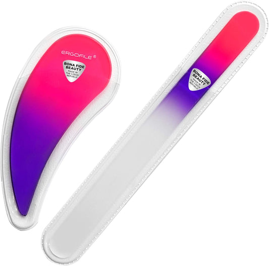 BONA Fide Beauty Glass Nail File Manicure Set, 2-Pieces Comfort Grip Ergonomic Drop Ergofile Czech Glass in Sleeves