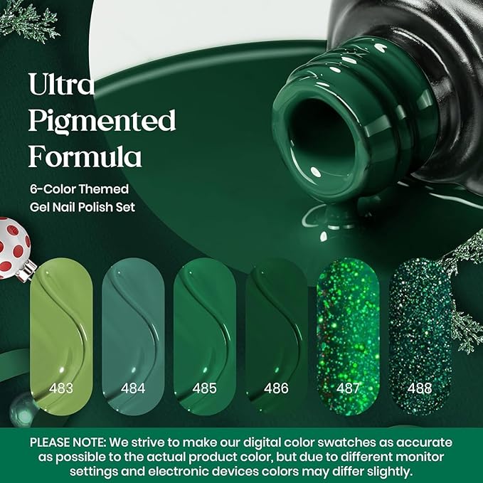 Beetles Christmas Green Gel Polish, 6 Color Glitter Green Lime Olive Emerald Shade, Soak Off UV Nail Lamp Jelly Sparkle Gel Nail Polish Set DIY Manicure Gifts for Women