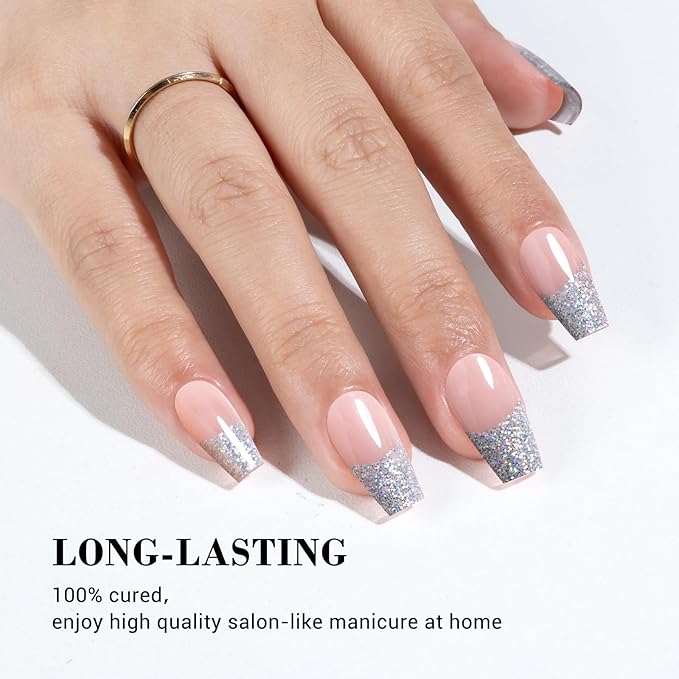 MelodySusie 30PCS Semi Cured Gel Nail Strips (Sliver Glitter French Tips), Works with Nail lamp, Salon Quality, Long Lasting, Easy to Apply and Remove, Includes 2 Prep Pads, Nail File and Wooden Stick