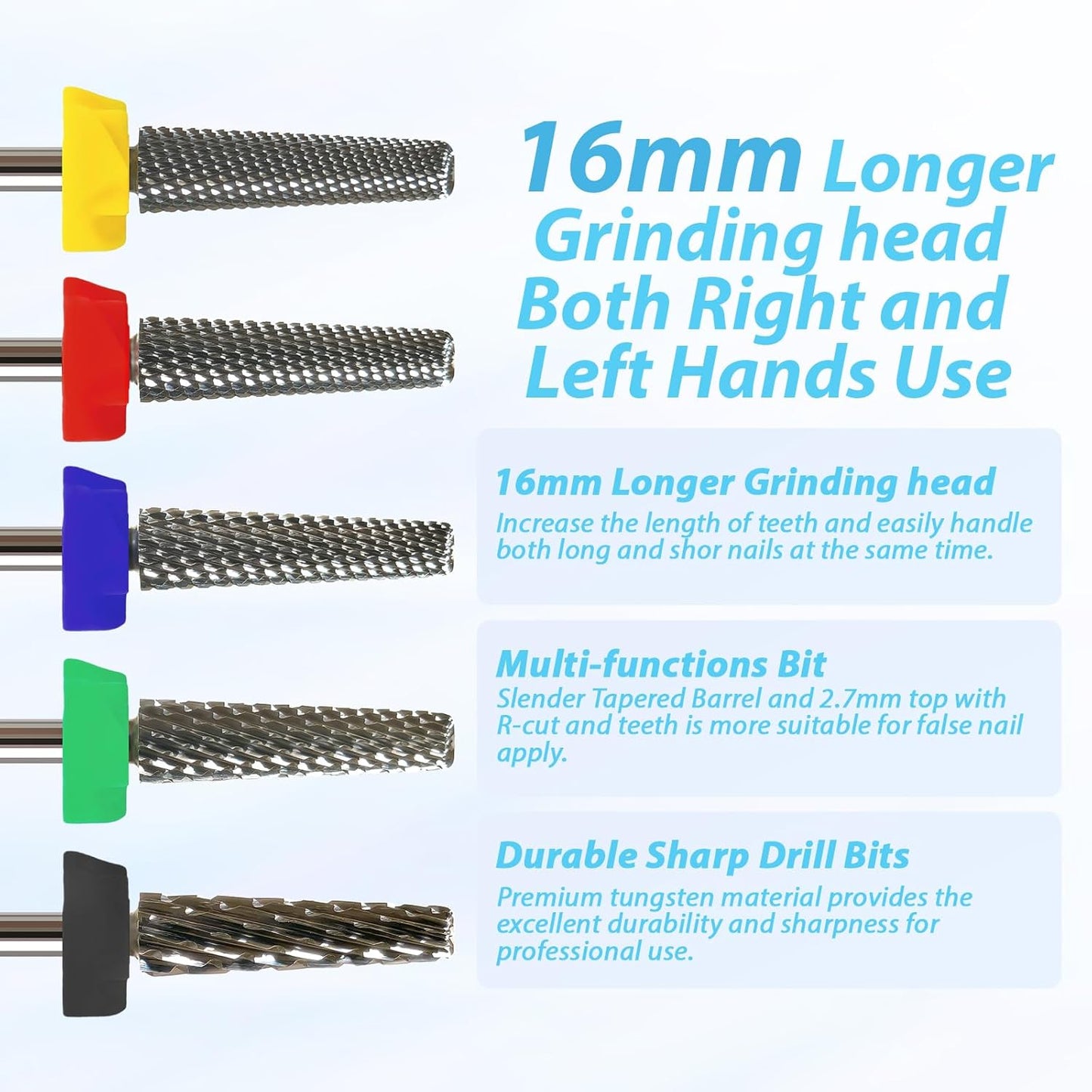 16mm 5 in 1 Nail Drill Bits for False Nail Apply, 3/32'' Tapered Tungsten Carbide Professional Bit, Slender Bit for Corners, Left & Right Hand Use, Manicure Cuticle Gel Polishing, Fine.