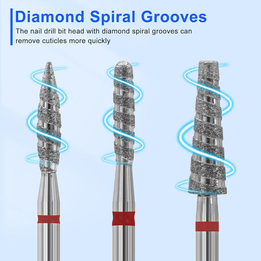 Diesisa 6 Pack Nail Drill Bits for Acrylic Nails, Diamond Carbide Nail Clipper Heads with Diamond Spiral Grooves, 3/32 Inch Cutter Attachment for Nail Preparation, Cuticle and Dead Skin Removal-Red