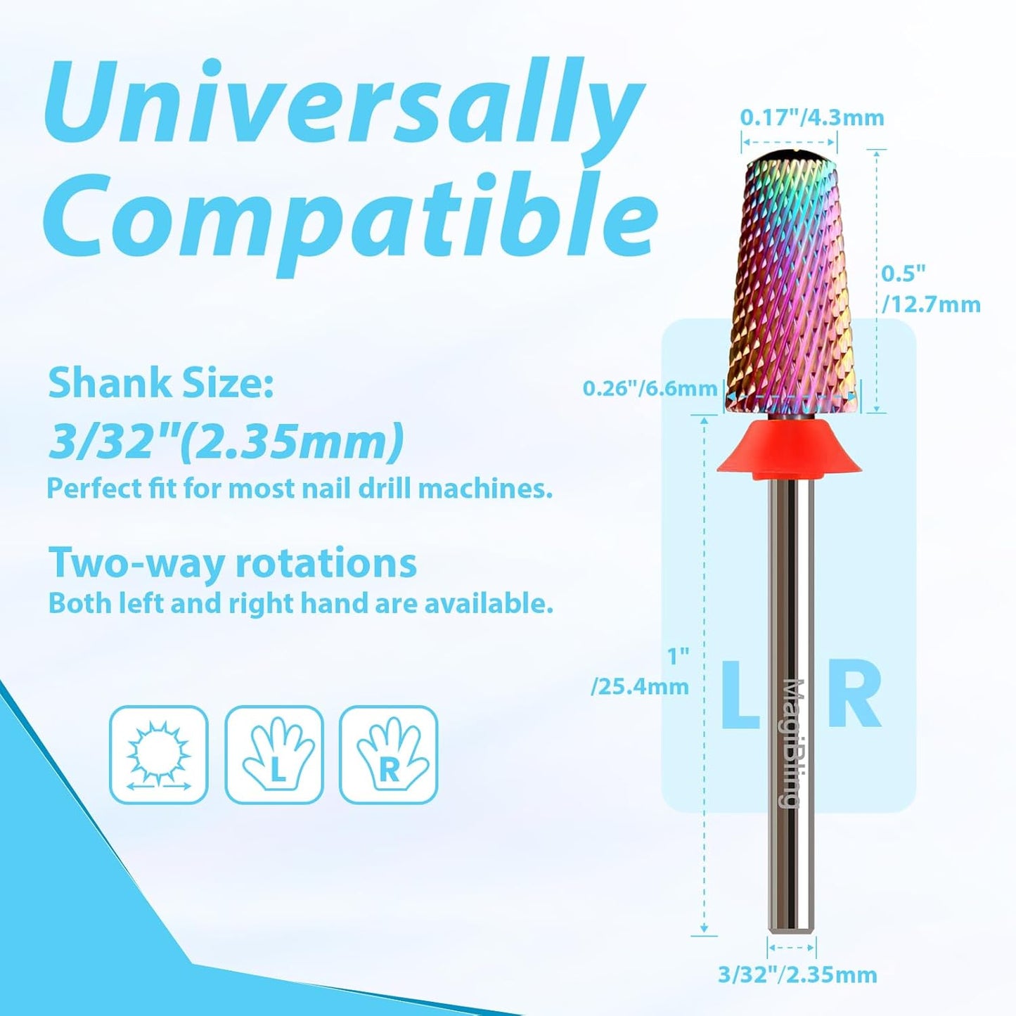 Round Top Nail Drill Bits, Cross Cut Tapered 3/32'' Safety Tungsten Carbide Professional Bit, Remove Gel Fast, Left Right Hand Use, Acrylic Nail Polish, Technicians Bits, Fine.