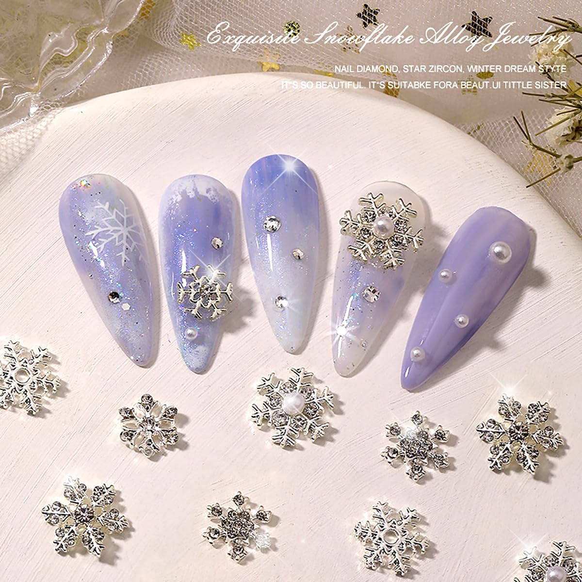 Christmas Nail Charms 20pcs Silver Snowflake Nail Art Charms with Diamond Design Winter Nail Jewelry Supplies Xmas Snowflakes Nail Decoration for Women Girls DIY Manicure Decorative Accessories