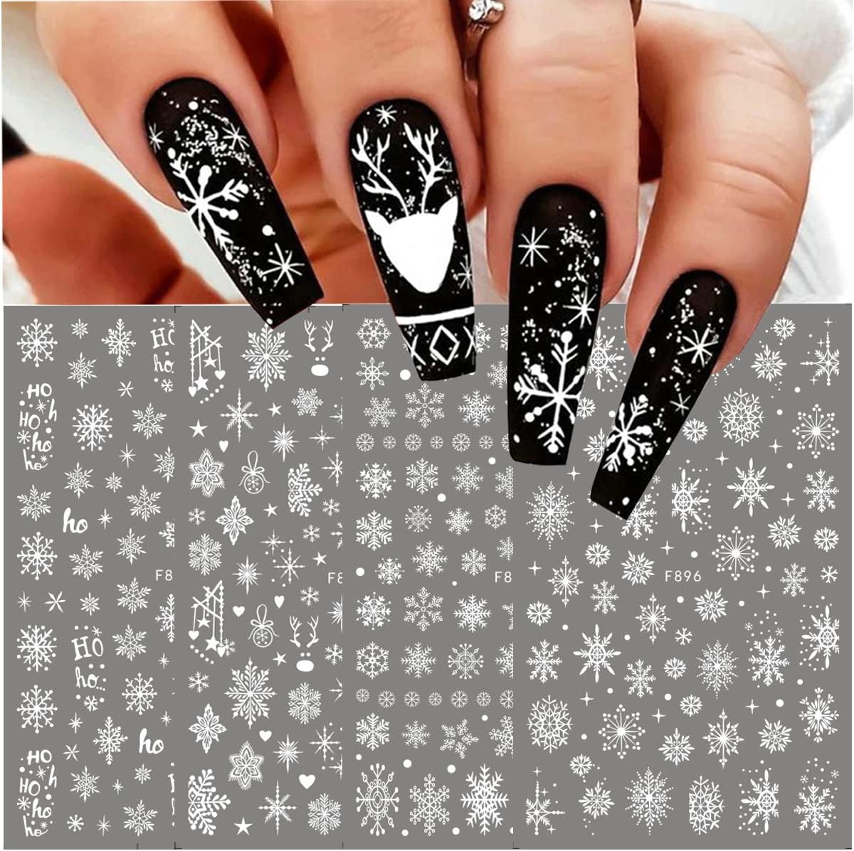 8Sheets Snowflake Nail Art Stickers 3D Xmas Nail Decals White Glitter Snow Nail Design Cartoon Elk Snowflake Snowman Bell Reindeer Sticker Foil Manicure Winter New Year Christmas Nail Decoration