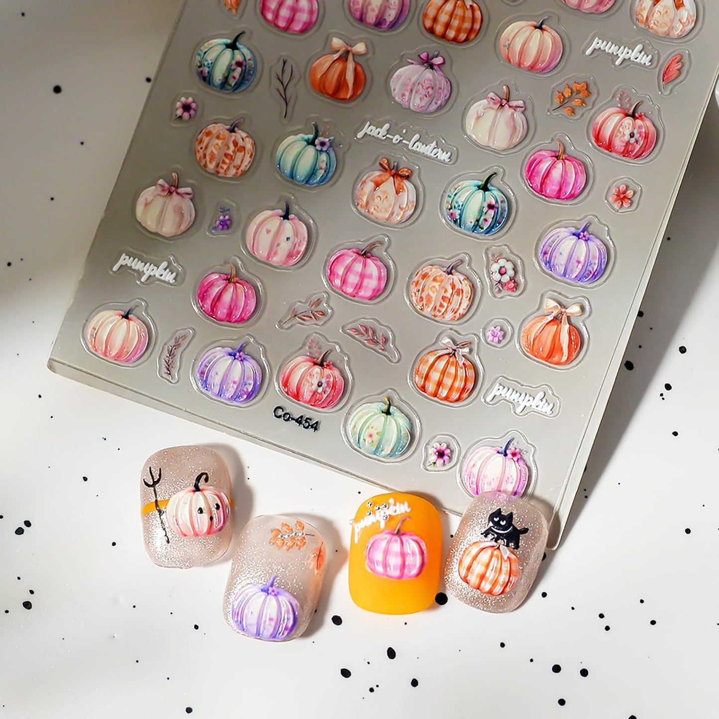 1 Sheets Fall Nail Decals for Nail Art 5D Self-Adhesive Embossed Pumpkin Nail Art Stickers Autumn Colorful Pumpkin Nail Stickers Thanksgiving Nail Design Sticker with Cute Small Flower for Women