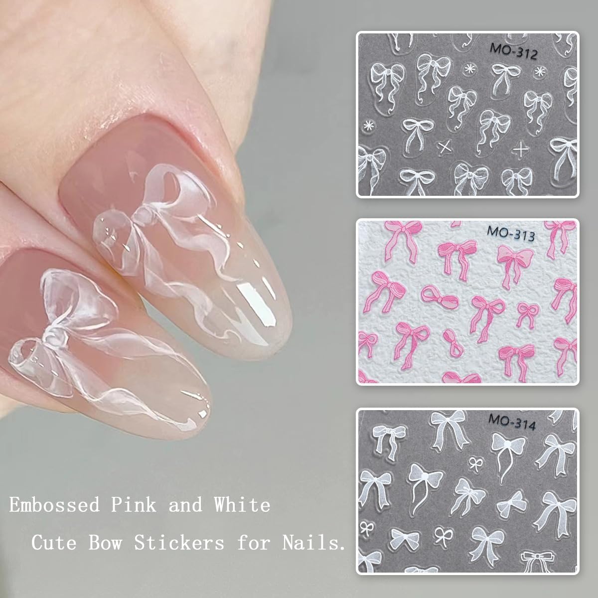 3 Sheets Embossed Bow Nail Decals for Nail Art Pink White Bows Nail Stickers Cute Bow Ribbon Nail Designs Supplies 5D Self-Adhesive Bow-Knot Nail Art Stickers for Women Girls Manicure Decor