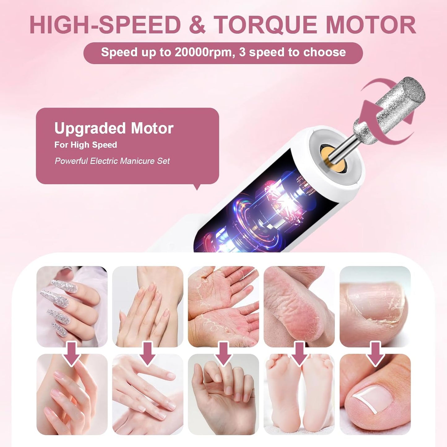 Professional Manicure Pedicure Kit, Electric Nail Drill with 360° LED light& LCD Display, Electric Nail File Pedicure Tools for feet, Hand Foot Care Nail Drill for Thick Nail Toenail Cuticle Women Men