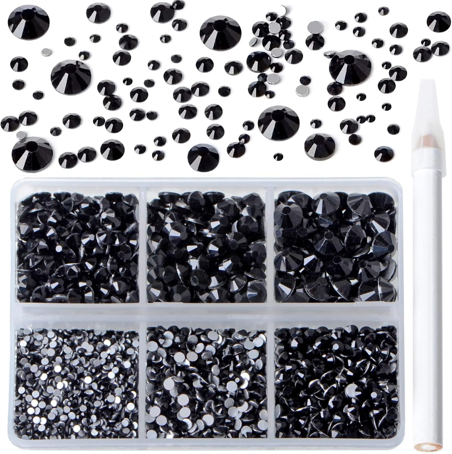 Bymitel 5000 Pieces 6 Mixed Sizes Glue Fix on Glass Rhinestones Round Crystal Gems Flatback for DIY Jewelry Making with one Picking Pen(Mix: SS4-SS30/5000PCS, Black)