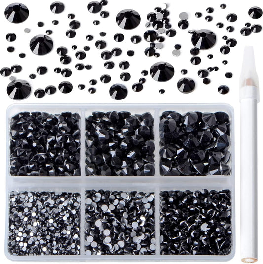 Bymitel 5000 Pieces 6 Mixed Sizes Glue Fix on Glass Rhinestones Round Crystal Gems Flatback for DIY Jewelry Making with one Picking Pen(Mix: SS4-SS30/5000PCS, Black)